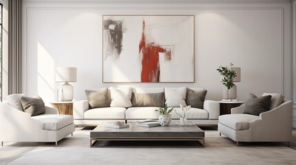 A trendy modern living room featuring a cozy sofa adorned with stylish throw pillows, set against a blank wall ready for personalization with artwork or decor.