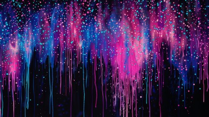 Vibrant pink and blue droplets cascade down a black background resembling an electrifying waterfall.