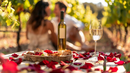 Naklejka premium A trail of rose petals leads to a secret picnic spot a the picturesque vineyards where a couple share a bottle of wine and sweet nothings. . .