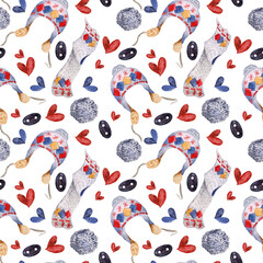 pattern with knitted blue hats, buttons, pom-poms and embroidered red eyelets. Design elements on the theme of knitting. Watercolor illustrations hand drawn, print for fabric, hobby boxes, paper.

