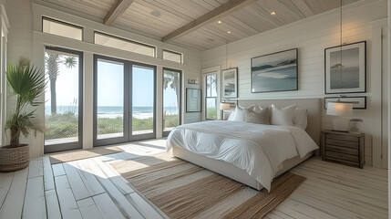 Bedroom - Beach house - wrm white with stained wood trim - meticulous symmetry - coastal design - casual flair - windows - obrazy, fototapety, plakaty