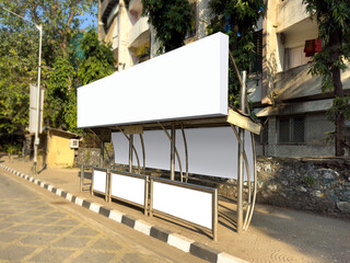 A perspective view of bus stop in Mumbai, India with blank empty place for commercial banner mockup...