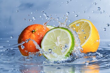 Fresh Citrus Fruit Splashing in Water Against a Soft Blue Background