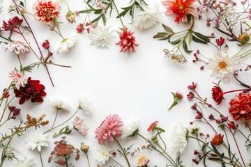 Assorted vibrant flowers arranged on white background. colorful flowers meticulously arranged on a white backdrop displaying a brilliant spectrum of colors and showcasing a variety of species