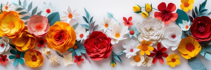 Assorted vibrant flowers arranged on white background. colorful flowers meticulously arranged on a white backdrop displaying a brilliant spectrum of colors and showcasing a variety of species