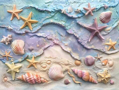 A beach scene with a variety of sea creatures, including starfish and shells. The colors are bright and vibrant, creating a lively and cheerful mood. The painting captures the beauty