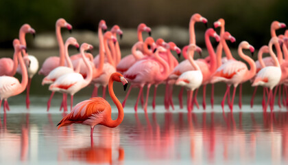 A flock of flamingos standing closely together in shallow water and the focus on one flamingo in the foreground