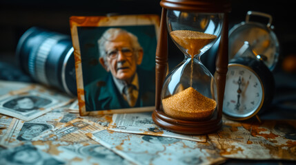 photograph of a table with old portraits, a clock with hands and an old hourglass in a composition where the importance of time is denoted