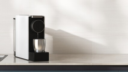 Close up of modern white espresso coffee maker with glass cup on gray marble kitchen countertop counter with white tile splash back in sunlight