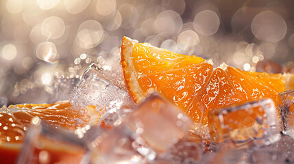 Macro shot highlighting the texture of an orange slice ice cubes around frosty mist rising essence of freshness