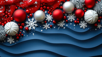 Christmas background with texture of waves and white and red spheres and snowflakes