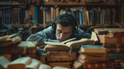 Tired male student with headphones leaning into his studies among ancient texts a blend of old and new learning methods - obrazy, fototapety, plakaty