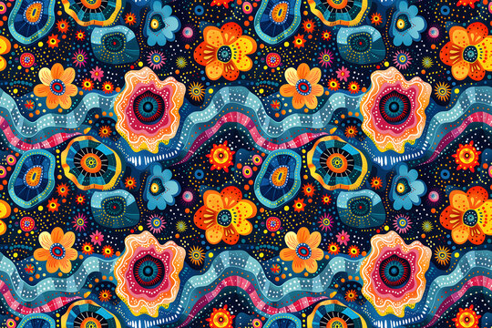 Mosaic-like abstract flowers patterns with intricate details and varied shapes, psychedelic art