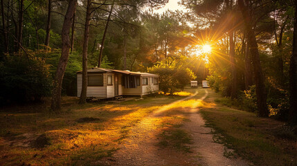 Naklejka premium Golden sunlight filtering through the French forest illuminating the path to a secluded mobile home a hidden retreat