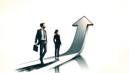 Obraz premium Minimalist and elegant watercolor scene depicting a professional man and woman ascending a metaphorical path to success.