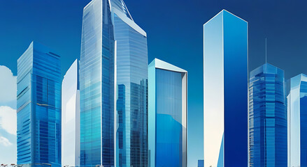 Image of Modern skyscrapers of a smart city, graphic perspective of buildings and reflections, Architectural blue background for corporate and business brochure template, template