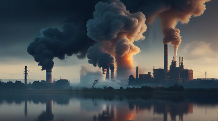 Chemical industries releasing toxic smokes into the air and causing serious pollution of the earth. Environmental destruction increasing climate change and global warming, dull and dusky, air - obrazy, fototapety, plakaty