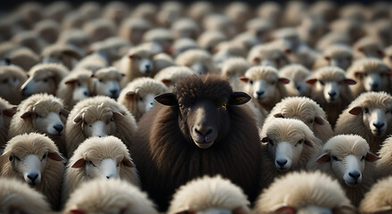 A black sheep among a flock of white sheep, raising head, Concept of standing out from the crowd, of being different and unique with its own identity, concept image, wool - obrazy, fototapety, plakaty
