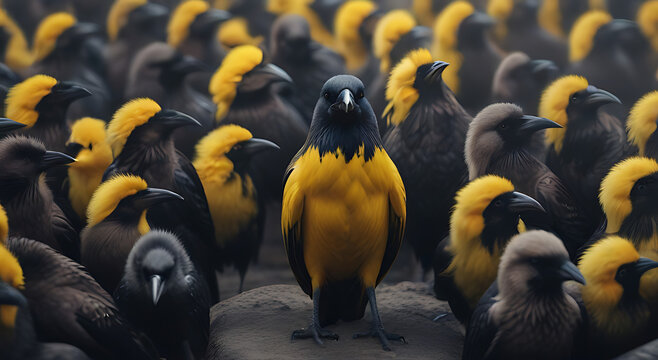 A single yellow crow alone among a crowd of black crows, concept of standing out from the crowd as a leader, being different and unique with its own identity concept, realistic style, miced
