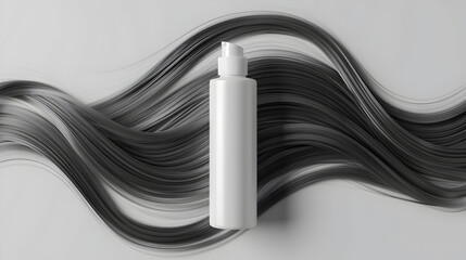 Bottle of shampoo and hair strand on white background - obrazy, fototapety, plakaty