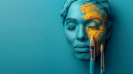 Woman artist smeared paint with brushes on blue background - obrazy, fototapety, plakaty