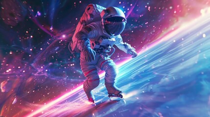 Cyberpunk photo of astronaut playing rollerblade colorful outta space - obrazy, fototapety, plakaty
