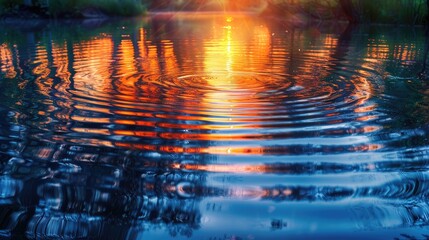 Ripples and distortions of light reflected on the surface of a lake at sunset