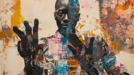Fototapeta premium A mysterious black man appears larger than life with an exaggerated head and protruding hands that seem to reach out of the frame. He wears an outfit of mismatched patterns and colors .