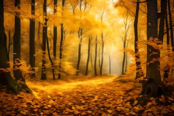 A golden forest in the embrace of autumn, where leaves dance in the crisp breeze.