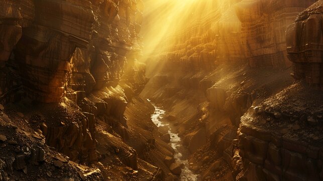 The suns golden rays piercing through a narrow canyon illuminating the complex patterns carved by ancient rivers