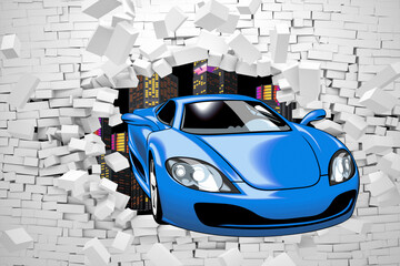 3D wallpaper design with a classic car jumping