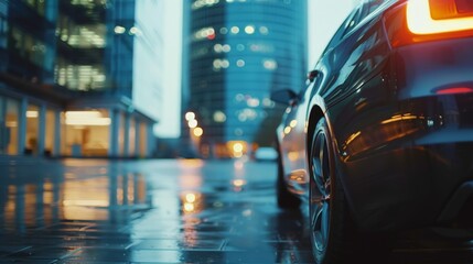 A modern car in front of office building with a blurred background, Generative AI