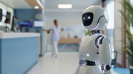 A robot is standing in a hospital lobby, Generative AI