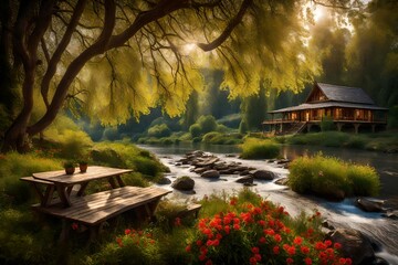 a charming riverside sanctuary embraced by the picturesque beauty of blossoming trees and seasonal wildflowers. - obrazy, fototapety, plakaty