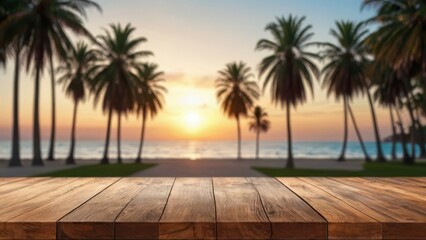 Empty wooden table top with bokeh lights on blur palm trees in the beach background