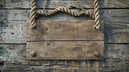 Blank mockup of a rustic pier sign with a distressed wood background and rope detailing. . - obrazy, fototapety, plakaty