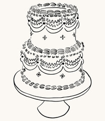 Ilustración vectorial de pastel de bodas. Pastel dibujado a mano para invitaciones, guarda la fecha, papelería. Arte en líneas de pastel de bodas. Boceto de torta