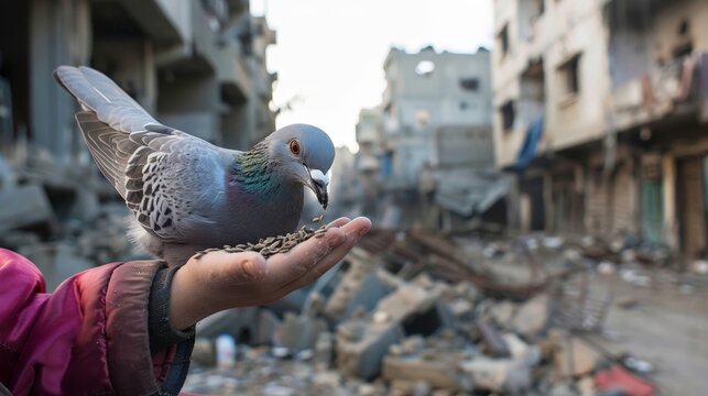 dove eating seeds from child hand, collapsed buildings by airstrike in background
