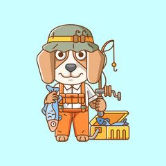 Cute dog fisher fishing animal chibi character mascot icon flat line art style illustration concept cartoon