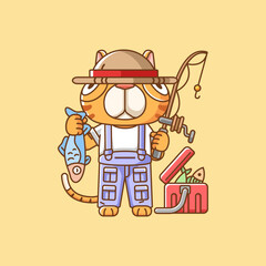 Fototapeta premium Cute cat fisher fishing animal chibi character mascot icon flat line art style illustration concept cartoon