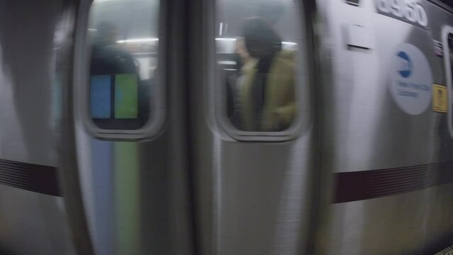 close-up of a subway train passing