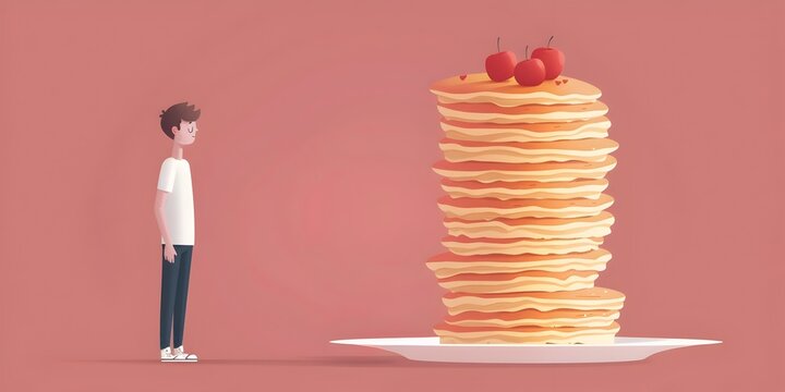Skinny character at a towering mountain of delicious pancakes a feast for the famished and a visual metaphor for insatiable hunger and desire