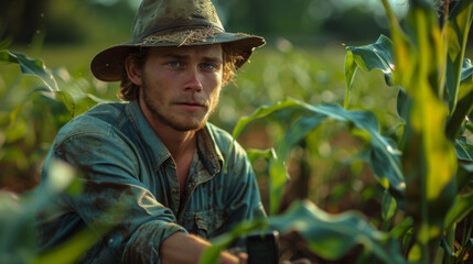 Young farmer working in a cornfield, inspecting and tuning irrigation center pivot sprinkler system on smartphone.