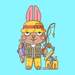 Cute rabbit fisher fishing animal chibi character mascot icon flat line art style illustration concept cartoon