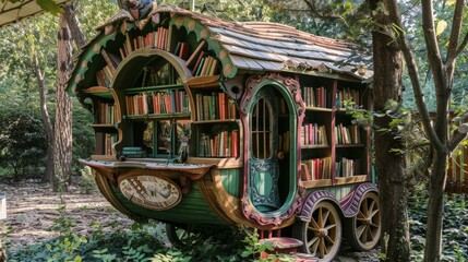 Fototapeta na wymiar Fairy library wagon