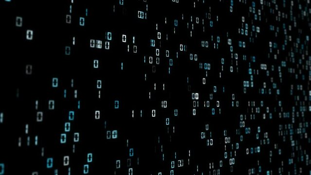 Loop flying digital computer binary numbers on black background.