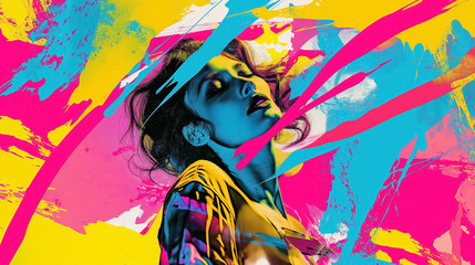 Woman with her eyes closed, surrounded by vibrant abstract paint strokes.