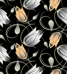 Fototapeta premium Seamless tulip flower pattern on black background