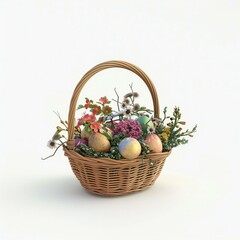 Fototapeta na wymiar 3d easter colorfull eggs basket with flowers iso
