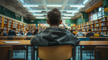 Student sits in contemplation amidst a quiet library, surrounded by the knowledge contained in...